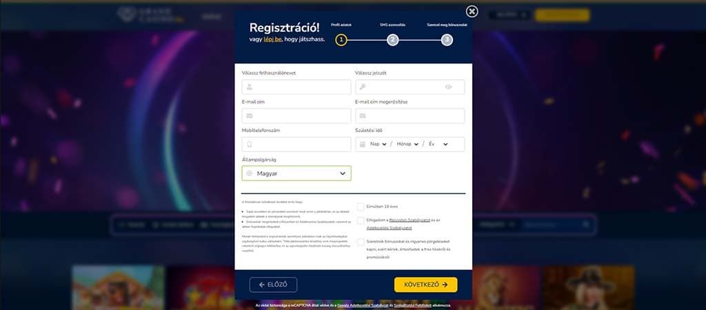 Grand Casino, online kaszinó, regisztráció