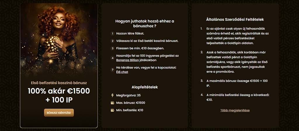 Goldspin Casino, ingyenes pörgetés, befizetési bónusz