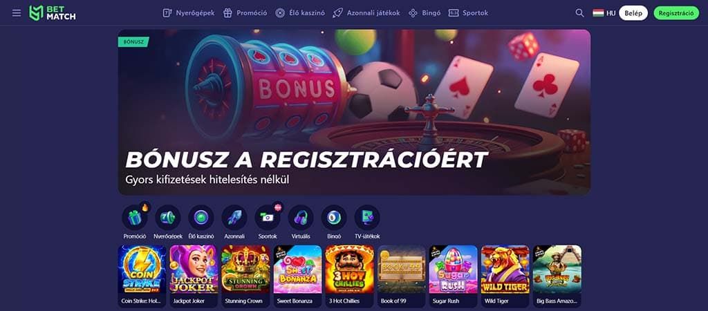 BetMatch Casino, bónusz a regisztrációért, szerencsejáték