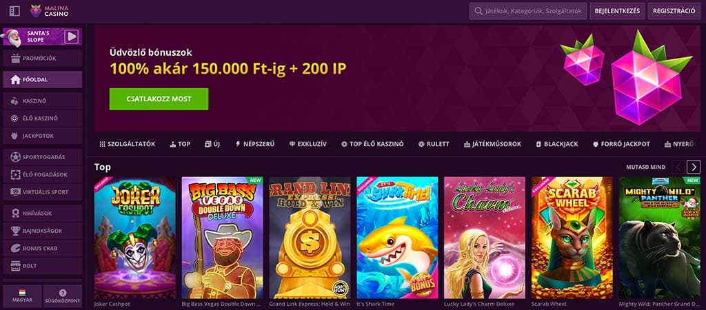 Malina Casino, online kaszinó, üdvözlő bónusz