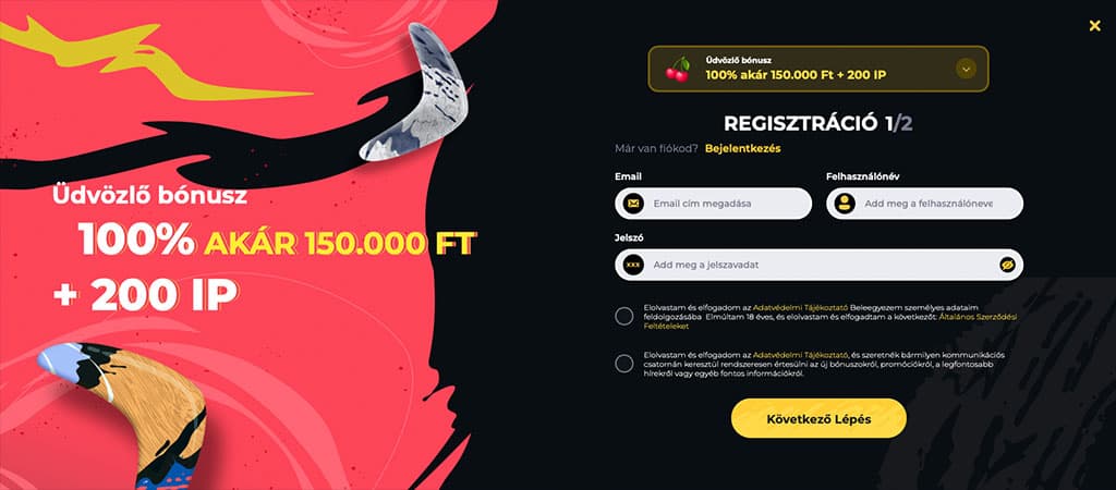 üdvözlő bónusz, online casino, boomerang casino