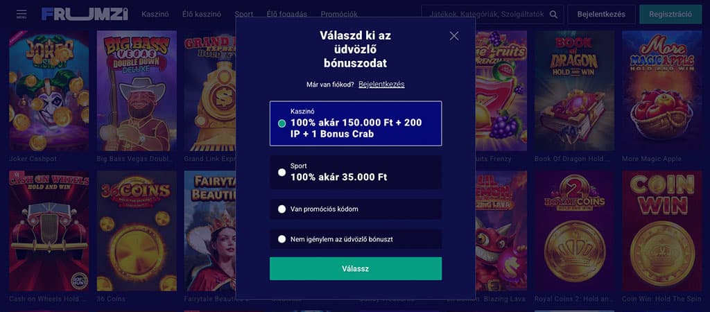 Üdvözlő bónuszok a Frumzi kaszinó weboldalán.