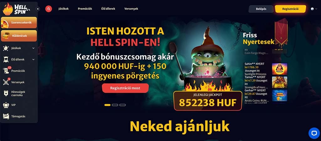 Hell Spin Casino főoldal üdvözlő bónusszal és aktuális jackpot összeggel.