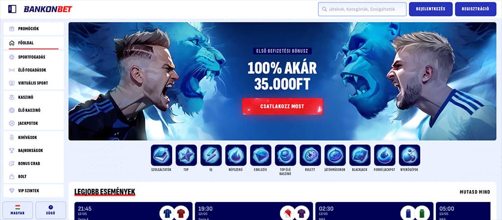 A bankbonbet online kaszinó főoldala.