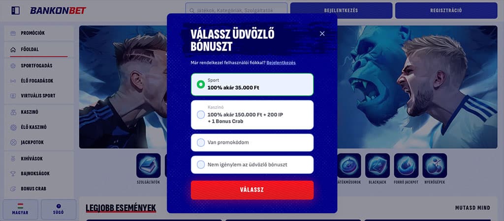 Üdvözlő bónusz a Bankbonbet online kaszinó felületén.