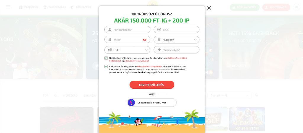 regisztráció, üdvözlő bónusz, regisztrációs űrlap, boaboa online kaszinó