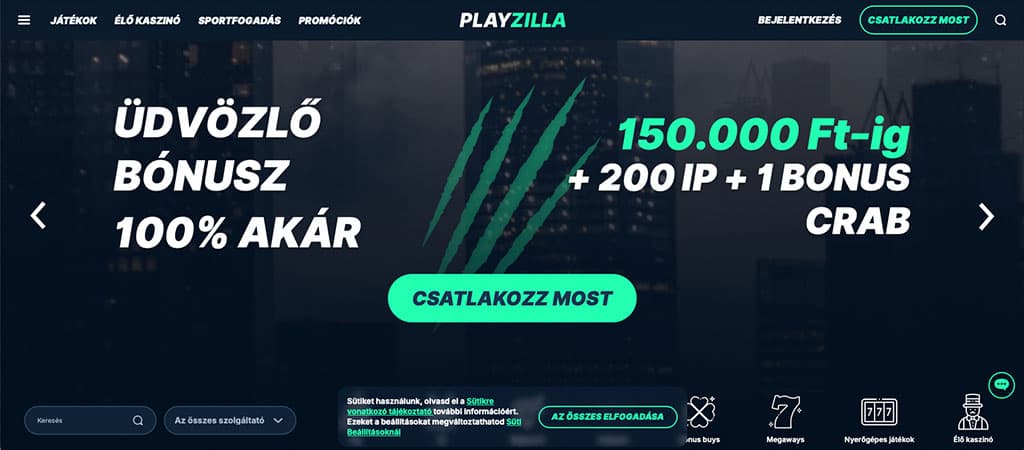 Playzilla Casino üdvözlő bónusz – 100% akár 150.000 Ft-ig + 200 ingyen pörgetés és 1 Bonus Crab ajánlat.