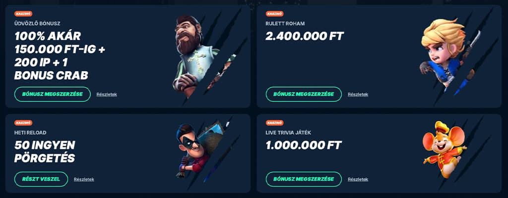 Playzilla Casino promóciók – üdvözlő bónusz, 50 ingyen pörgetés, rulettrajongóknak 2.400.000 Ft, élő trivia játék 1 millió Ft nyereménnyel.