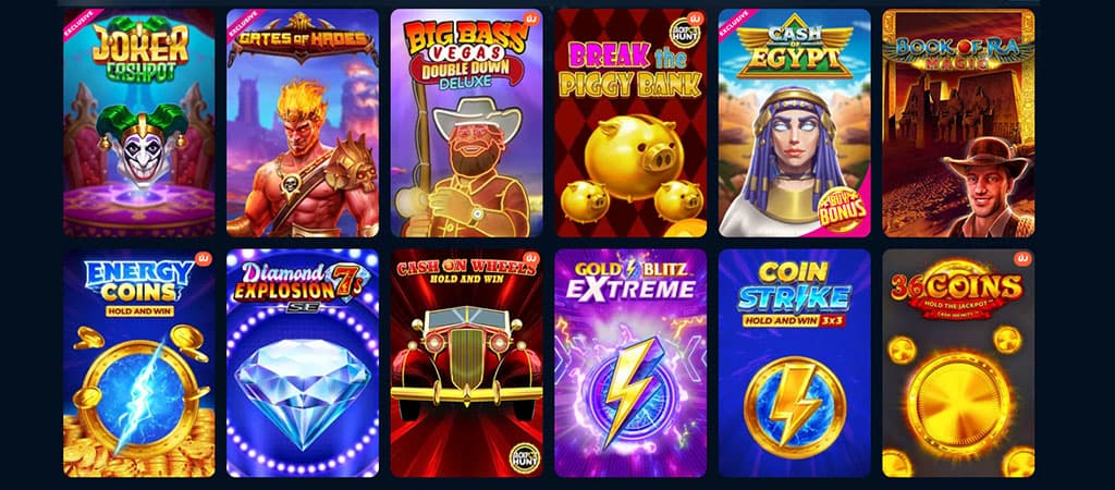 Playzilla Casino nyerőgépek – Joker Cashpot, Gates of Hades, Big Bass Vegas, Book of Ra Magic és Hold and Win játékok.