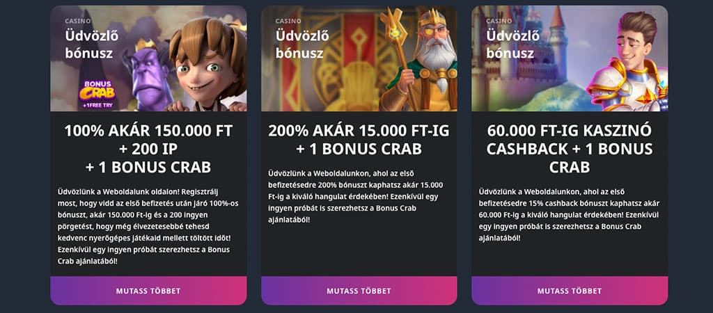 Buran Casino promóciók – üdvözlő bónuszok, cashback, Bonus Crab karakterekkel, kaszinó ajánlatok.
