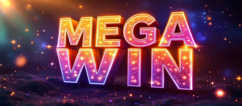 Nagy nyeremény és izgalom az online kaszinóban, fényes "Mega Win" felirat és ünneplés pillanata.