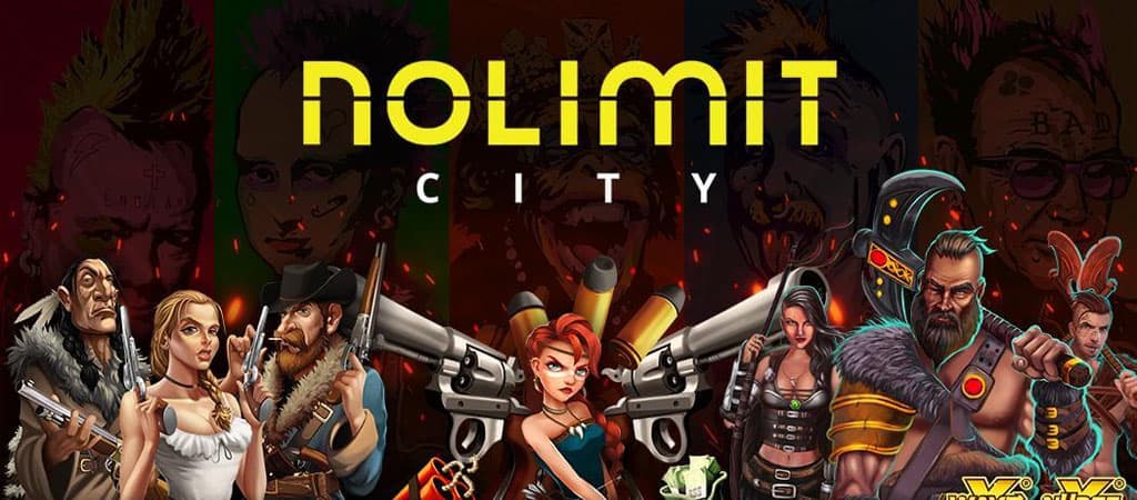Nolimit City kaszinójátékok karakterei és logója, stílusos és színes grafikával.