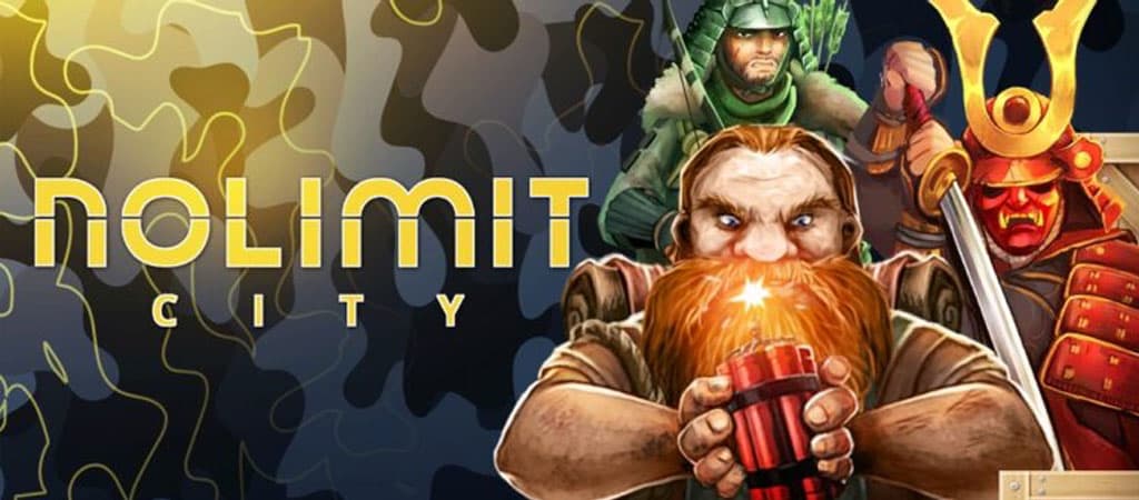 Nolimit City kaszinójátékok karakterei robbanóanyaggal és harci páncéllal, logóval, erőteljes, részletes grafikával.