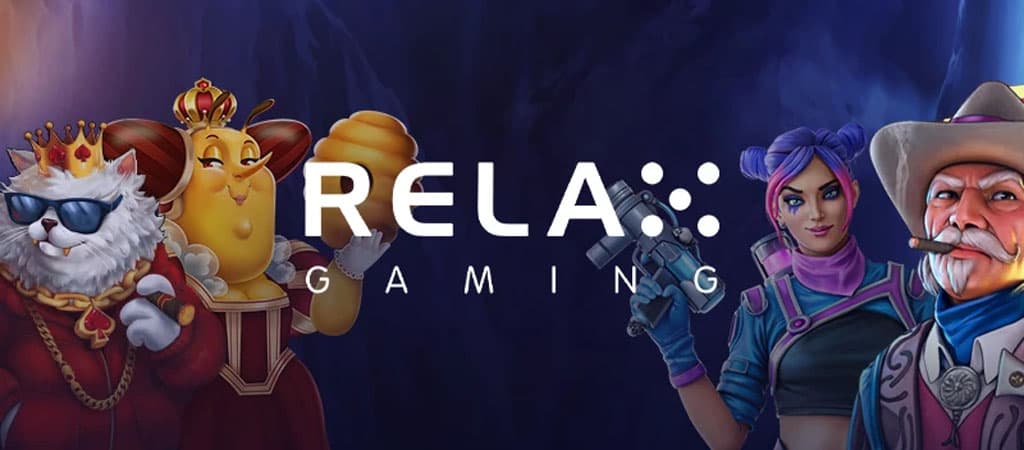 Relax Gaming logó színes karakterekkel, köztük király macskával és sci-fi harcossal.