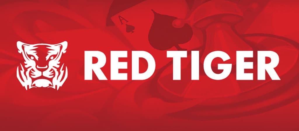 Red Tiger logó piros háttéren, háttérben kaszinó szimbólumokkal, mint rulettkerék és ász kártya.
