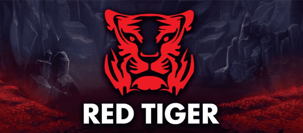 Red Tiger logó sötét sziklás háttéren, piros-fekete színvilágban.
