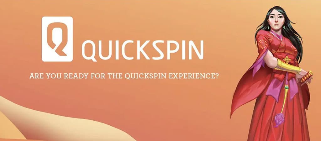 Quickspin logó keleti stílusú női karakterrel, homokszínű háttéren.