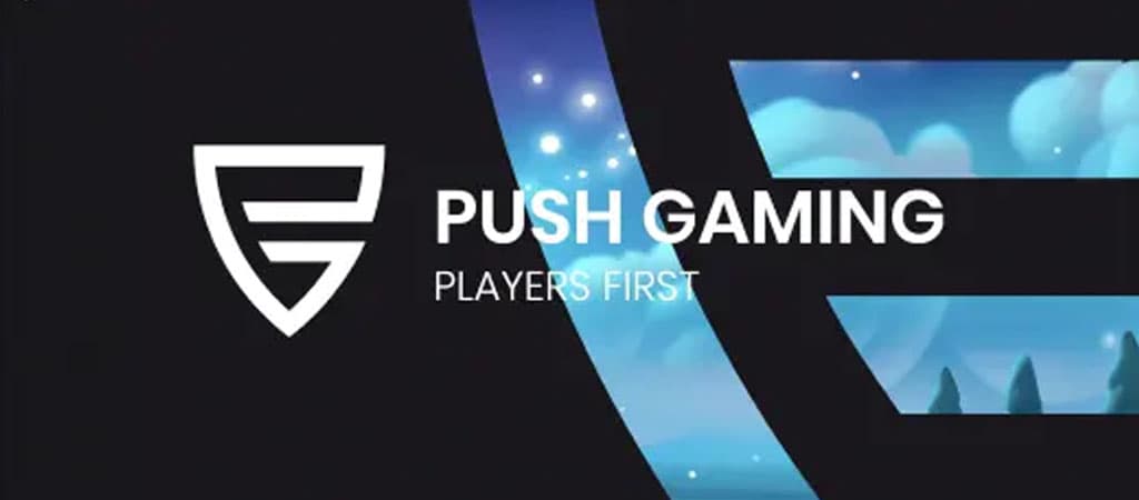 Push Gaming logó és szlogen, stilizált tájképi háttérrel, éjszakai égbolttal.