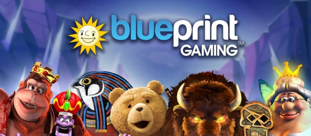 Blueprint Gaming logó különféle karakterekkel, köztük mackóval, bölénnyel és fáraóval.