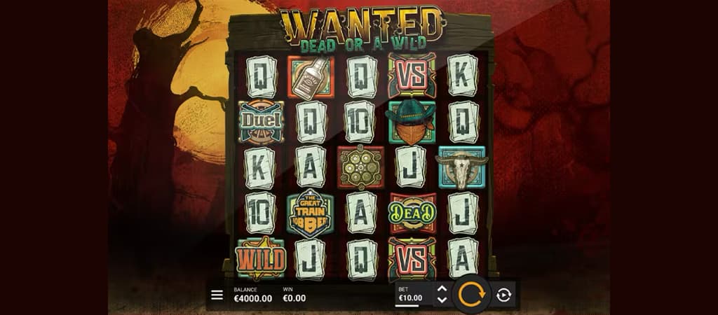 Wanted Dead or a Wild nyerőgép western témában, sötét háttérrel, ikonikus szimbólumokkal és 10 eurós tétbeállítással.