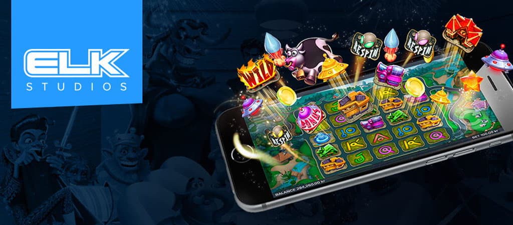 ELK Studios logó és mobilon futó nyerőgép animáció, színes szimbólumokkal és modern játékmenettel.