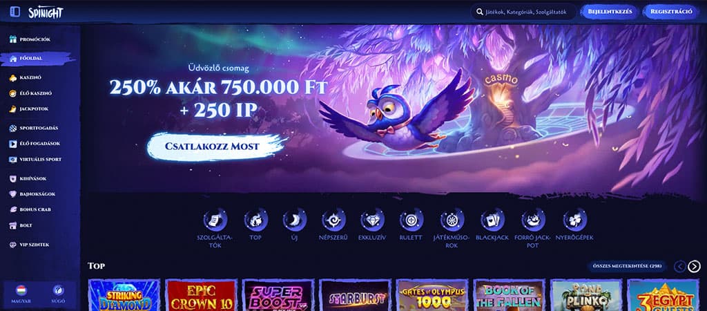Spinight Casino főoldal varázslatos bagoly grafikával, bónuszajánlatokkal és csatlakozás gombbal.