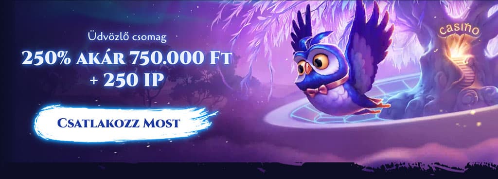 Spinight Casino üdvözlőcsomag banner, rejtélyes bagoly motívum és csatlakozz most gomb.