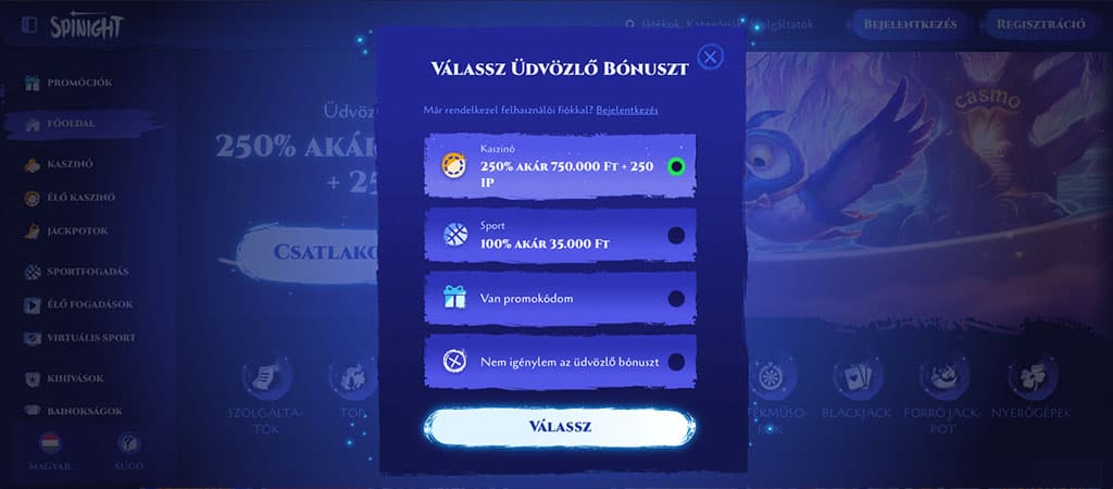 Spinight regisztrációs ablak: üdvözlő bónusz választása, kaszinó, sport, promókód vagy bónusz nélküli csatlakozás.