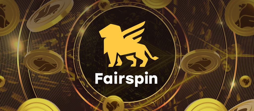 Fairspin logó arany szárnyas oroszlánnal, körülötte kriptó érmék lebegnek sötét háttérrel, innovatív blockchain kaszinó.