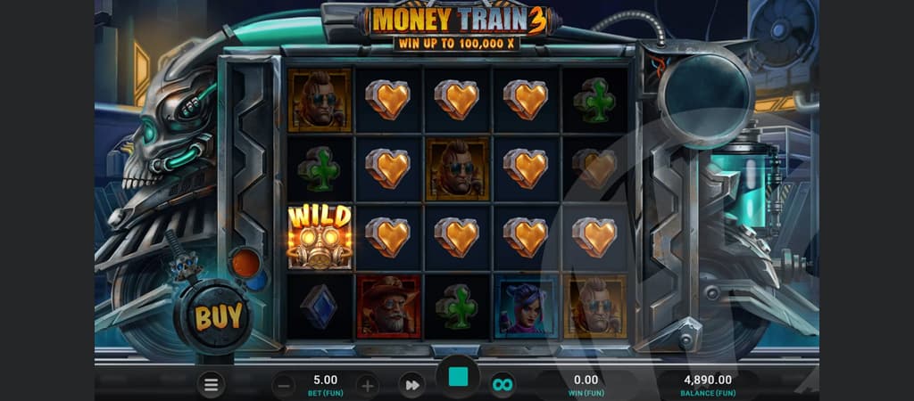 Money Train 3 nyerőgép futurisztikus vonattal, vad szimbólummal és karakterekkel, magas nyereményszorzóval.