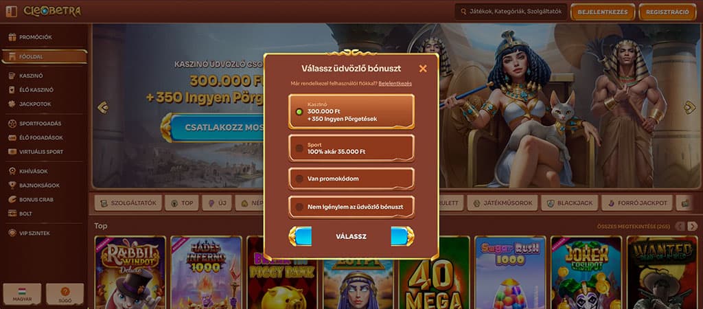 Cleobetra Casino regisztrációs bónuszválasztó felület: kaszinó vagy sport bónusz opció, egyiptomi háttérrel.