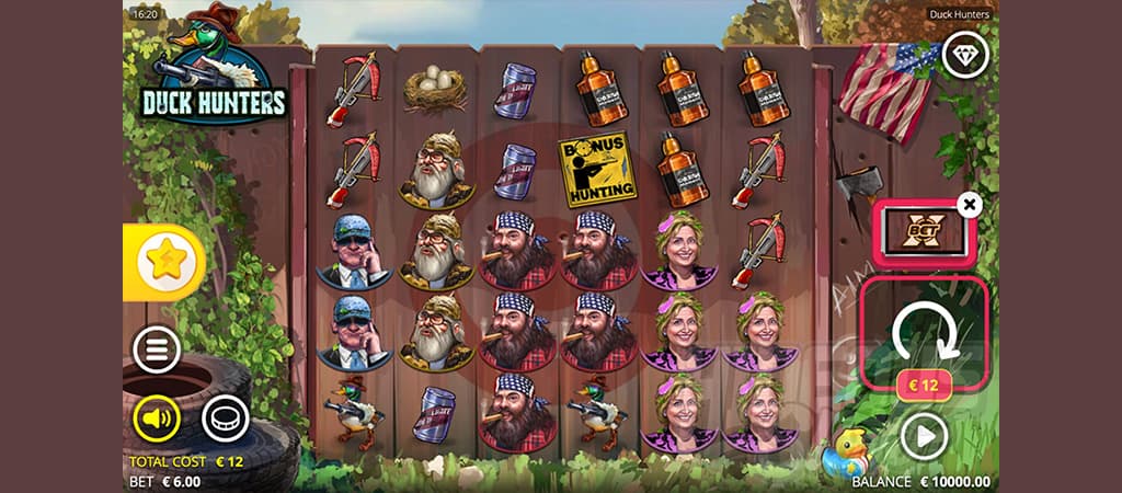 Duck Hunters nyerőgép vidéki témával, humoros karakterekkel, whiskys üvegekkel és vadászat témájú bónusz szimbólumokkal.