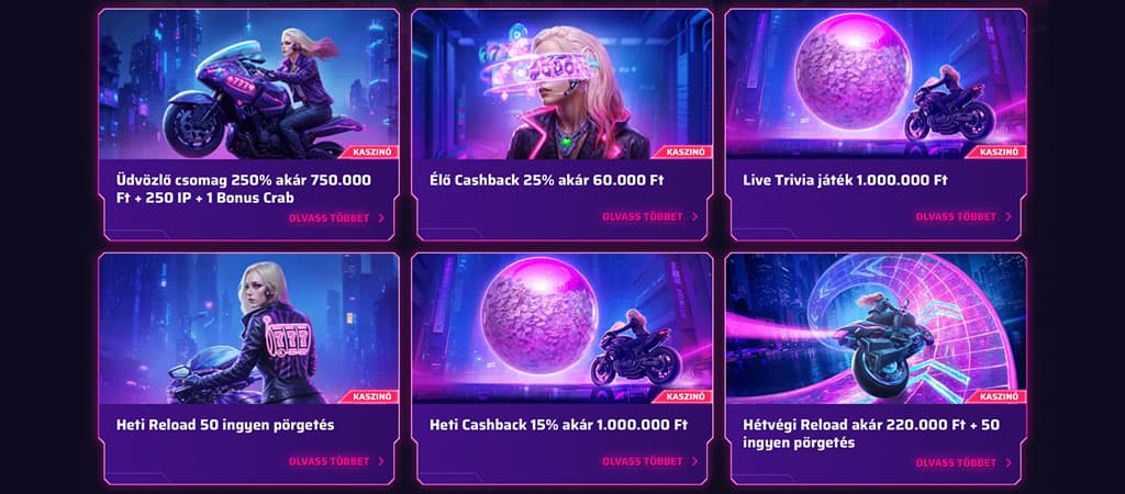 Roby Casino promóciós oldal, neon-futurisztikus dizájnnal, üdvözlő bónusz, cashback, ingyen pörgetések és élő trivia.