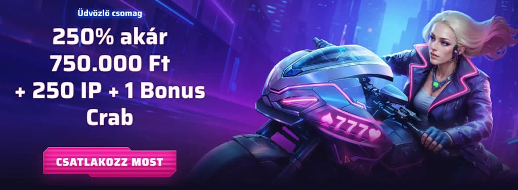 Roby Casino futurisztikus motoros banner, csatlakozz most gomb, exkluzív üdvözlő bónuszért és extra jutalmakért.