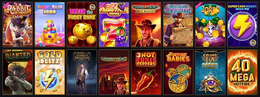 Gransino kaszinó játékkínálat színes nyerőgépes előnézetekkel: Rabbit Windpot, Sugar Rush, Piggy Bank és Book Fallen.
