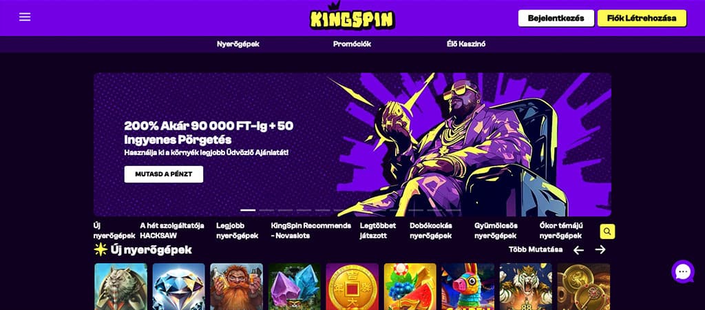 Kingspin Casino főoldal ragyogó lila dizájnnal, király grafikával, impozáns üdvözlőbónusz és gyors fiók létrehozás gomb.