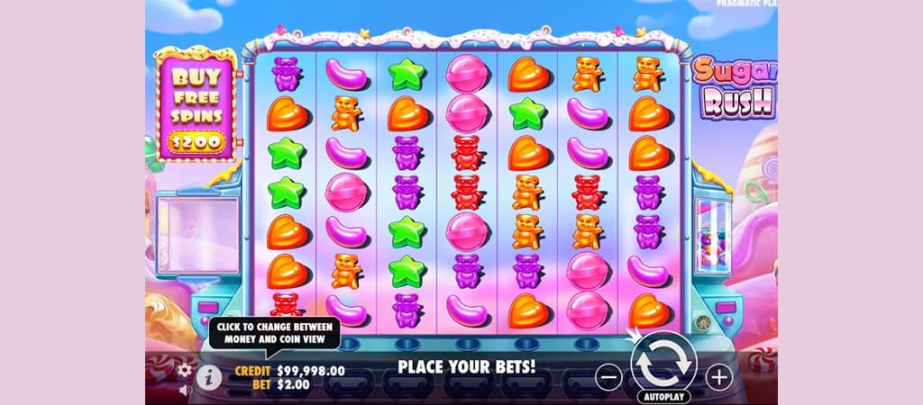 Online Sugar Rush candy slot gép színes cukorkákkal, ingyenes pörgetések vásárlása és autoplay opcióval.