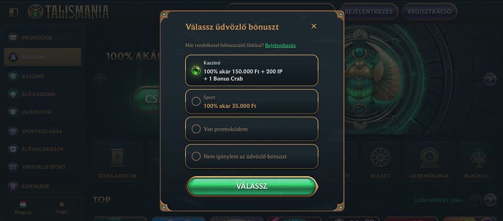 Talismania regisztráció: bónusz választása. kaszinó, sport, promókód vagy bónusz nélküli csatlakozás egy kattintással.