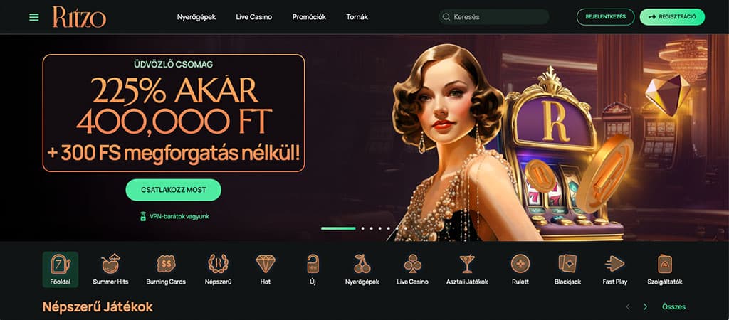 Ritzo Casino főoldal elegáns art déco stílusban, női karakterrel, üdvözlő bónusz kiemeléssel és csatlakozz most gombbal.