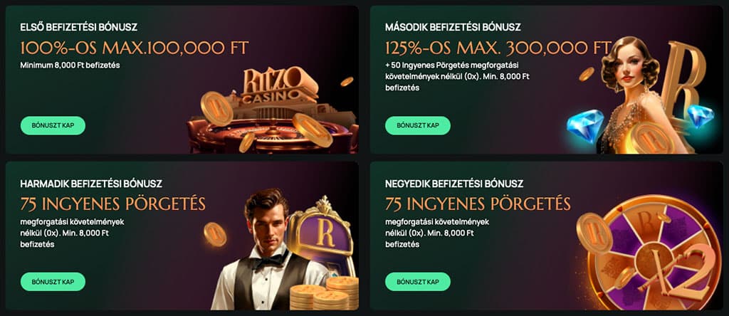 Ritzo Casino promóciók: négy befizetési bónusz sor, köztük ingyen pörgetések és extra játékélmény minden szinten.