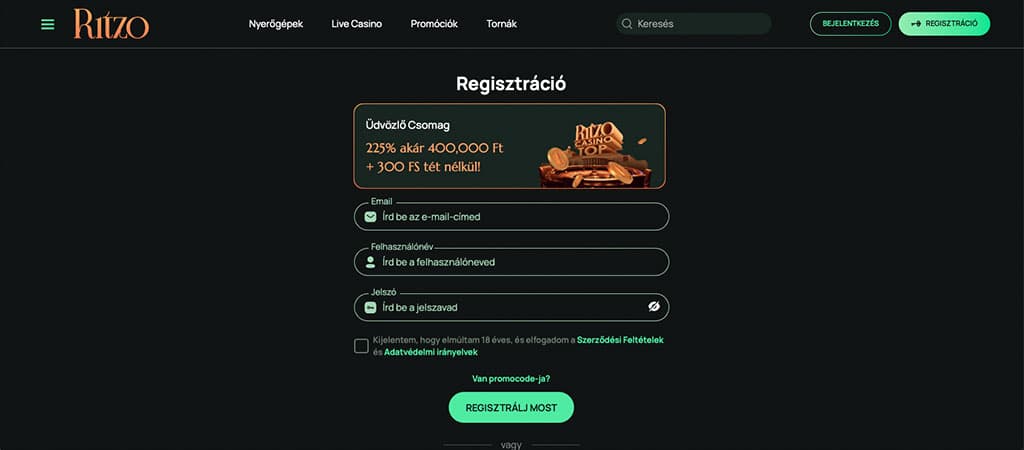 Ritzo Casino regisztrációs űrlap bónusz bannerrel, e-mail, felhasználónév és jelszó mezőkkel, egy kattintásos regisztrálás.
