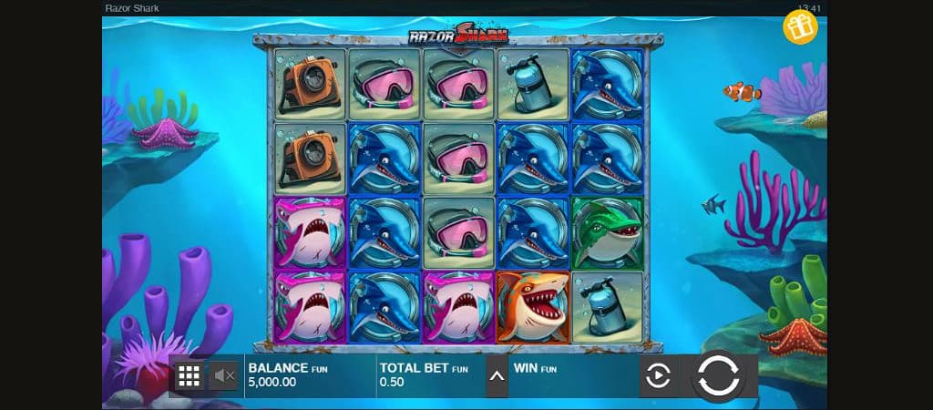 Razor Shark tengeralatti nyerőgép: 5×5 tárcsa cápa és búvármaszk szimbólumokkal, rejtett kincsekkel és ingyen pörgetésekkel.