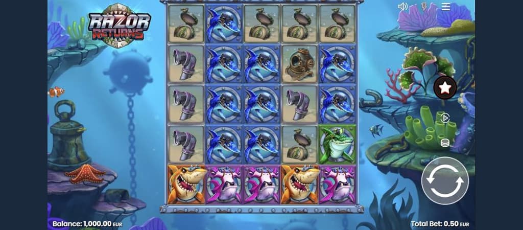 Razor Returns online nyerőgép tengeri kaland: 5×5 tárcsa, cápák, búvárszimbólumok, rejtett kincsek és ingyen pörgetések.