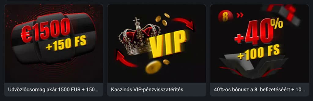 888Starz kaszinó promóciók: 1500 EUR üdvözlőcsomag, VIP pénzvisszatérítés, 40%-os bónusz + 100 FS a 8. befizetésre.