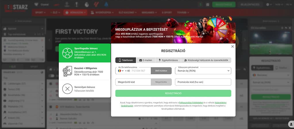 888Starz regisztráció: válassz sportfogadás vagy kaszinó bónuszt + 150 ingyenes pörgetést.