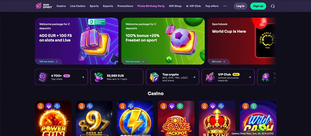 WinSpirit Casino üdvözlő bónusz: 400 EUR + 100 ingyen pörgetés, sportfogadás promóciók, VIP klub és kriptós fizetés.