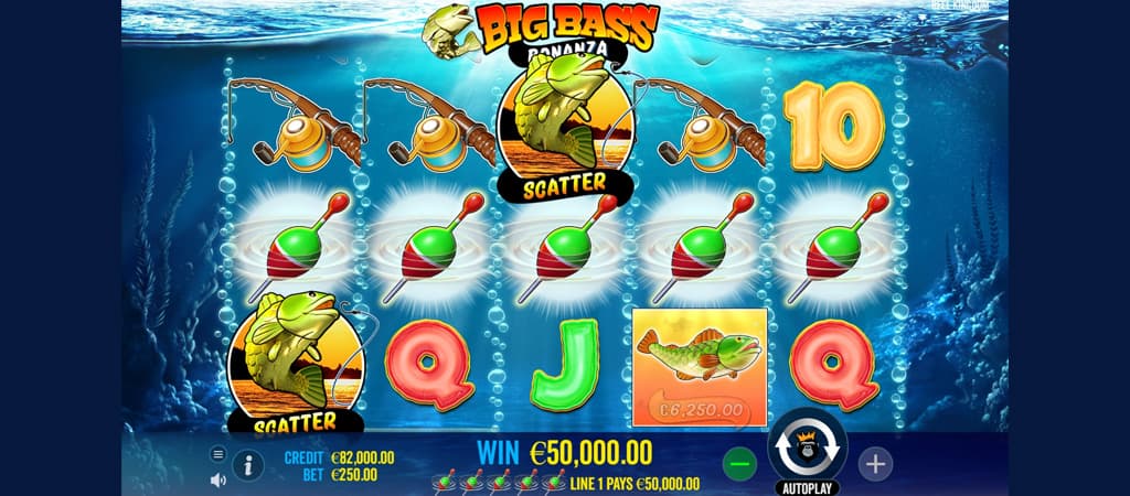 Big Bass Bonanza nyerőgép: 50 000 EUR nyeremény, scatter szimbólumok, halas témájú online játék.