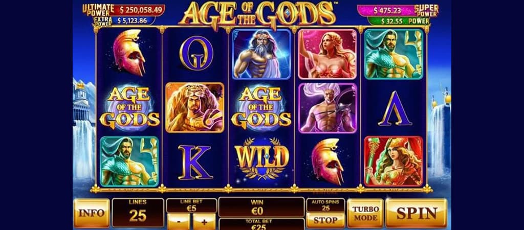 Age of the Gods: mitológiai témájú online nyerőgép wild szimbólummal, turbo móddal és jackpotokkal.