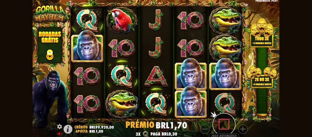 Gorilla Mayhem nyerőgép: ingyenes pörgetések, vadállatok és szorzók az esőerdő mélyén.