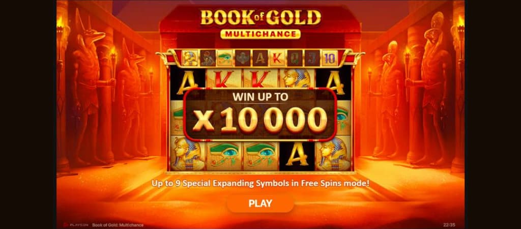 Book of Gold Multichance: bónuszkörök, bővülő szimbólumok és 10 000× szorzó a Play’n GO nyerőgépen.